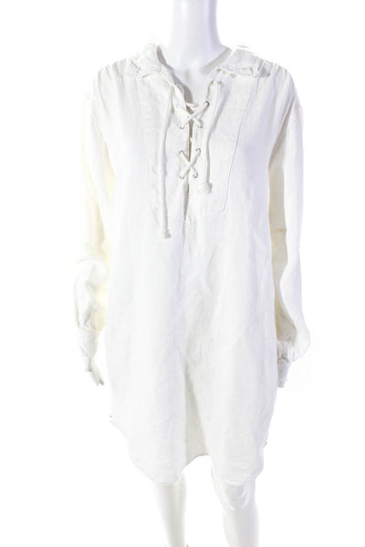 Xirena Womens Linen Lace Up Collared Long Sleeve Pullover Dress White Size M