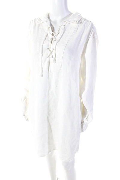 Xirena Womens Linen Lace Up Collared Long Sleeve Pullover Dress White Size M