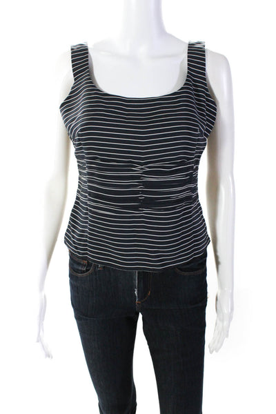 Akris Womens Silk Striped Print Square Neck Pleated Tank Top Navy Blue Size 8