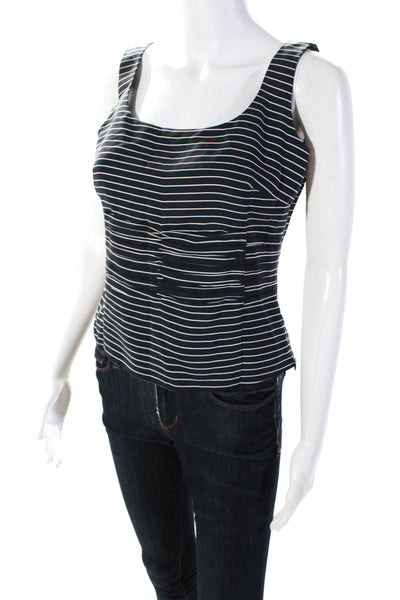 Akris Womens Silk Striped Print Square Neck Pleated Tank Top Navy Blue Size 8