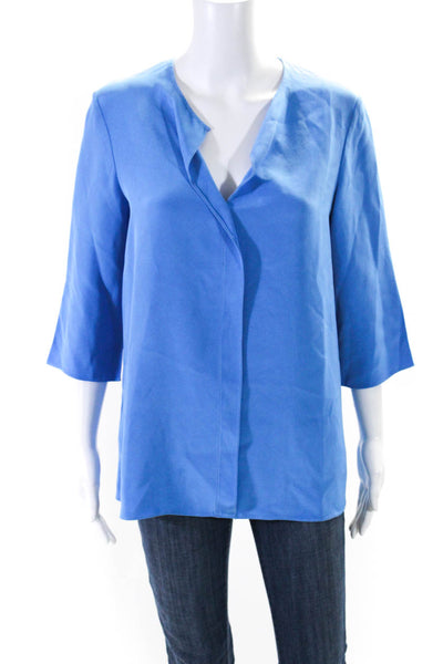 Designer Womens 3/4 Sleeve V Neck Boxy Silk Shirt Top Blue Size Medium