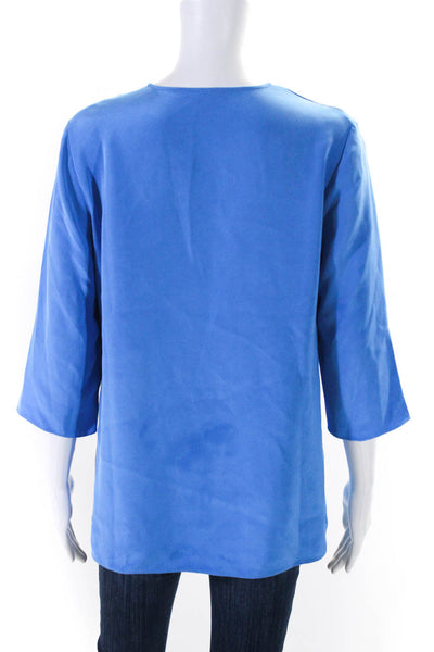 Designer Womens 3/4 Sleeve V Neck Boxy Silk Shirt Top Blue Size Medium