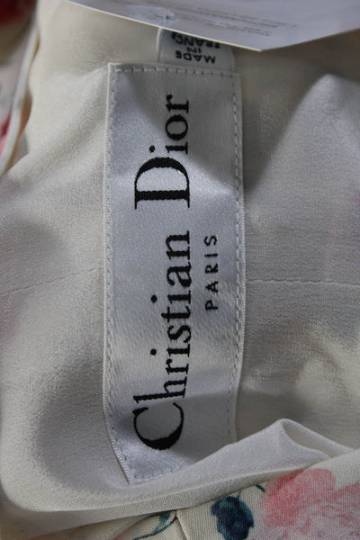 Christian Dior Womens Hook Front Crew Neck Floral Long Coat White Cotton Size 6