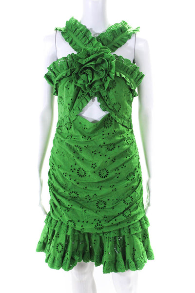 Carolina Herrera Womens Back Zip Embroidered Eyelet Cut Out Dress Green Size 8