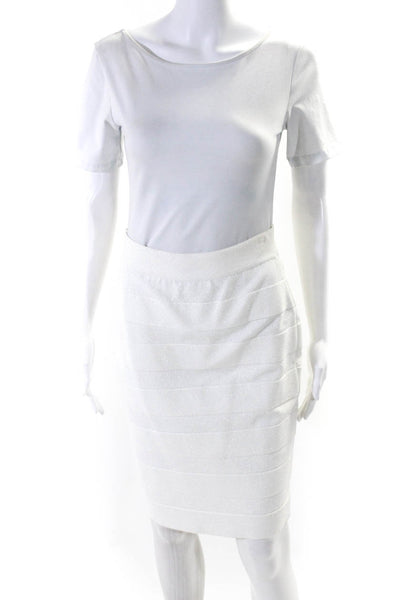 Alaia Womens Knee Length Metallic Stretch Knit Pencil Skirt White Size Large