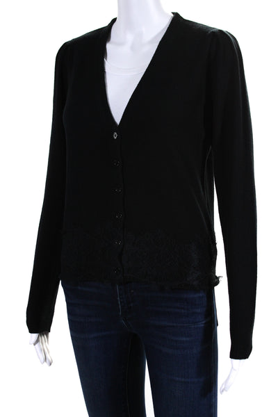 Joie Women's V-Neck Long Sleeves Lace Trim Cardigan Sweater Black Size S