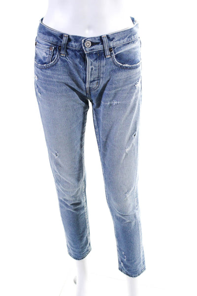 Moussy Womens Mid Rise Button Up Ripped Skinny Leg Jeans Blue Cotton Size 25