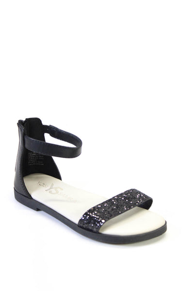 Yosi Samra Girls Back Zip Glitter Ankle Strap Sandals Black Leather Size 13C