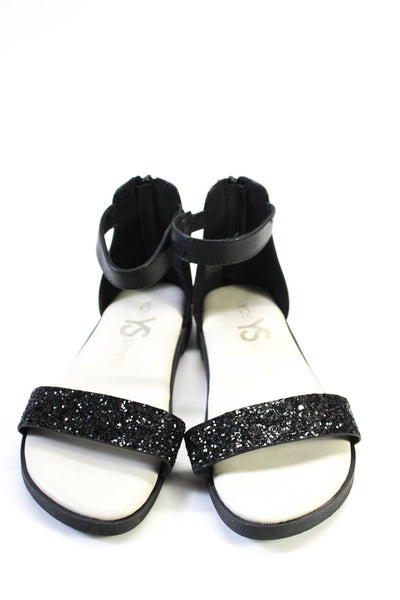 Yosi Samra Girls Back Zip Glitter Ankle Strap Sandals Black Leather Size 13C