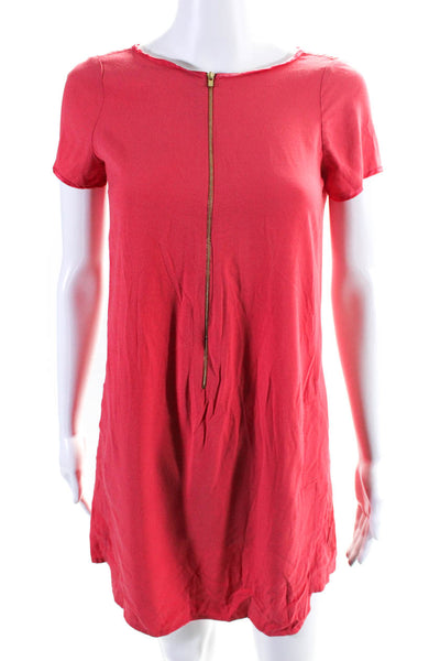 Maje Womens Short Sleeve Front Zip Crew Neck Shift Dress Pink Size 3