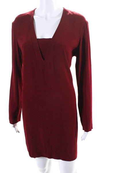 Sandro Womens V Neck Crepe Long Sleeve Shift Dress Red Size 3