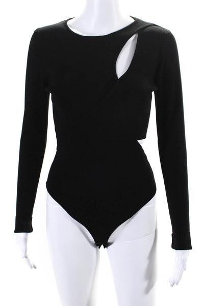 ASTR Womens Button Bottom Long Sleeve Crew Neck Ribbed Bodysuit Black Medium