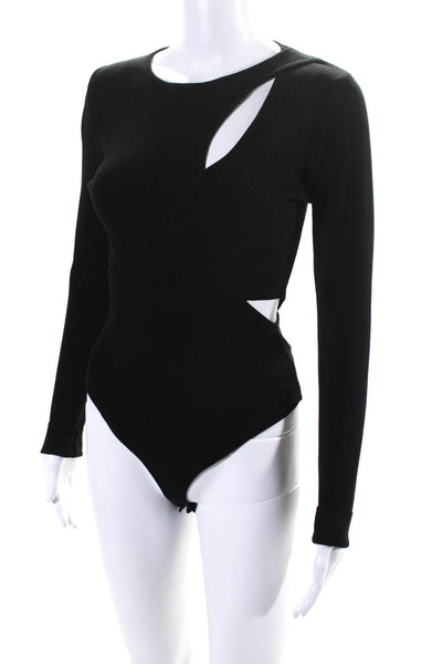 ASTR Womens Button Bottom Long Sleeve Crew Neck Ribbed Bodysuit Black Medium