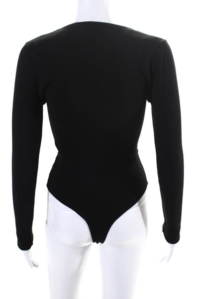 ASTR Womens Button Bottom Long Sleeve Crew Neck Ribbed Bodysuit Black Medium