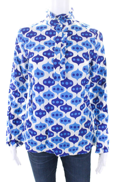 Jules Reid Women's Ruffle Long Sleeves Abstract Print Blouse Blue Size 2