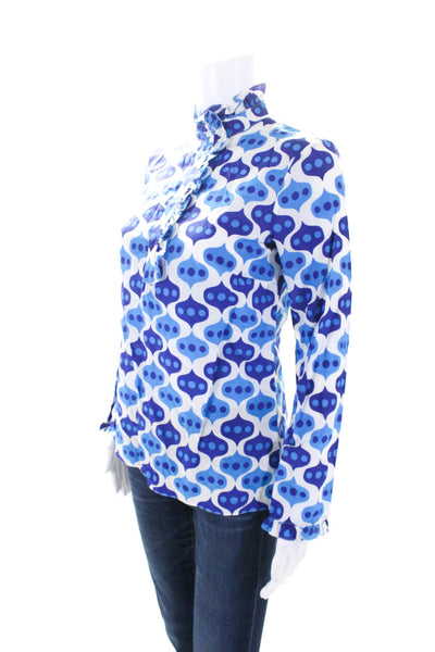 Jules Reid Women's Ruffle Long Sleeves Abstract Print Blouse Blue Size 2