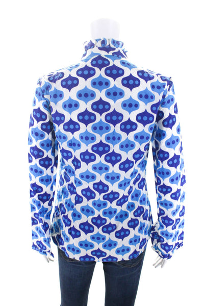 Jules Reid Women's Ruffle Long Sleeves Abstract Print Blouse Blue Size 2