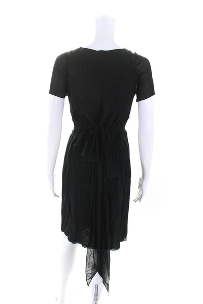 Escada Women's V-Neck Short Sleeves Sheer Tie Waist Mini Dress Black Size 34