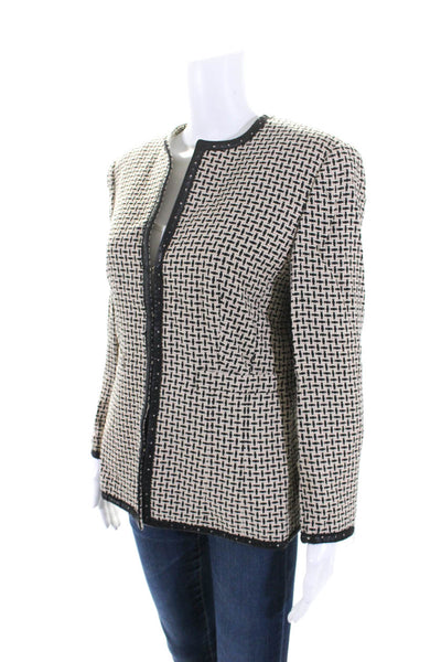 Escada Womens Faux Leather Trim Tweed Hook & Eye Jacket Black Beige Size IT 38