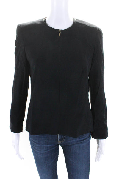 Escada Womens Satin Trim Full Zip Crew Neck Jacket Black Wool Size IT 36