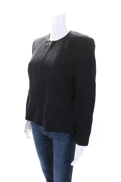 Escada Womens Satin Trim Full Zip Crew Neck Jacket Black Wool Size IT 36