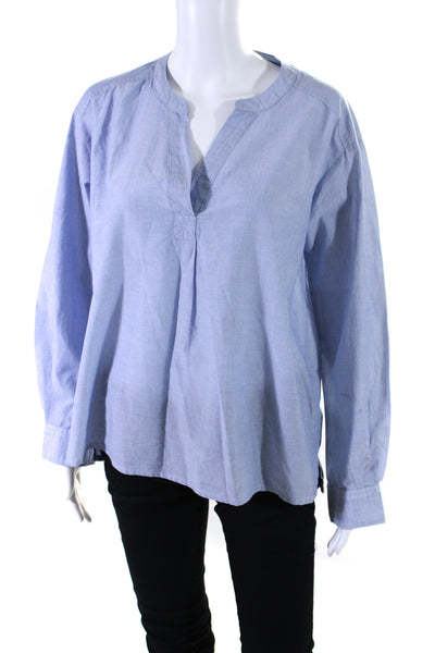 Hartford Womens Long Sleeve V Neck Boxy Shirt Blue Cotton Size 1