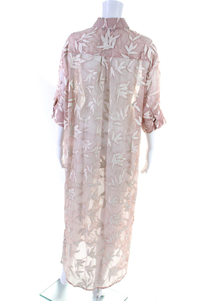 Zara Womens Embroidered Collared Buttoned Short Sleeve Sheer Dress Pink Size S