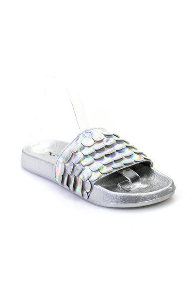 Nina Womens Scalloped Chrome Holographic Slides Sandals Silver Size 5