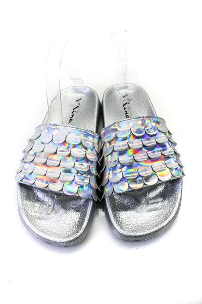 Nina Womens Scalloped Chrome Holographic Slides Sandals Silver Size 5