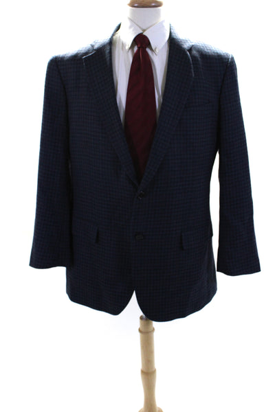 Stafford Mens Navy Blue Wool Plaid Two Button Long Sleeve Blazer Size 44L