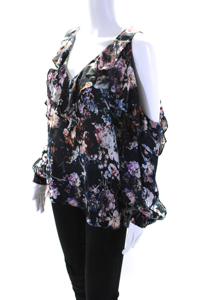 Parker Womens Off Shoulder Floral Ruffle Long Sleeve Top Blouse Black Multi XS