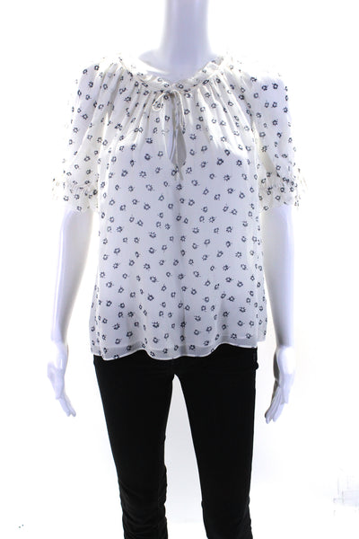 Joie Womens Short Sleeve Floral Tie Neck Top Blouse White Black Size Small