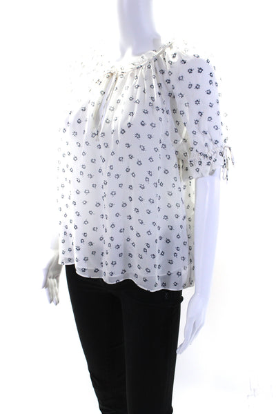 Joie Womens Short Sleeve Floral Tie Neck Top Blouse White Black Size Small