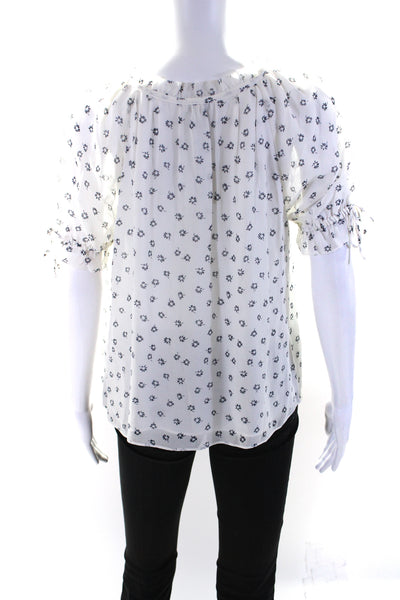 Joie Womens Short Sleeve Floral Tie Neck Top Blouse White Black Size Small