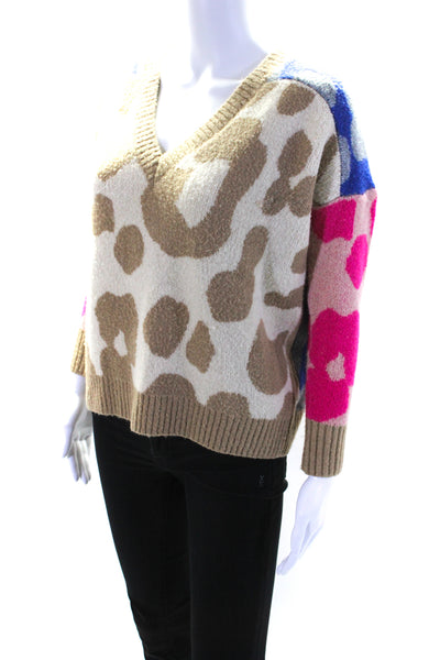 Central Park West Color Block Animal Print V Neck Sweater Pink Brown Blue XS