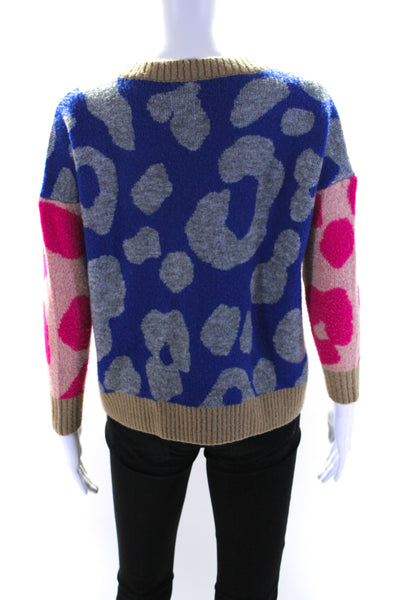 Central Park West Color Block Animal Print V Neck Sweater Pink Brown Blue XS