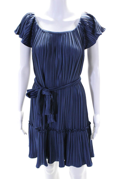 DKNY Womens Blue Ruffle Pleated Scoop Neck Short Sleeve Shift Dress Size 8