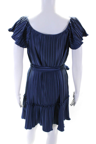 DKNY Womens Blue Ruffle Pleated Scoop Neck Short Sleeve Shift Dress Size 8