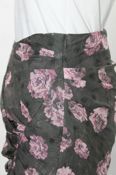 IRO Womens Side Zip Ruched Floral Pencil Skirt Green Pink Size FR 36