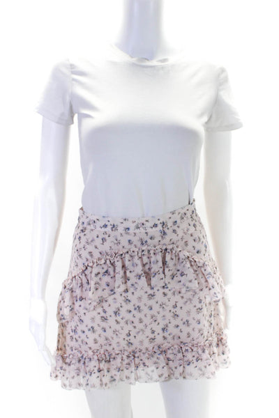 Love Shack Fancy Womens Side Zip Tiered Floral Silk Mini Skirt Pink Size 0