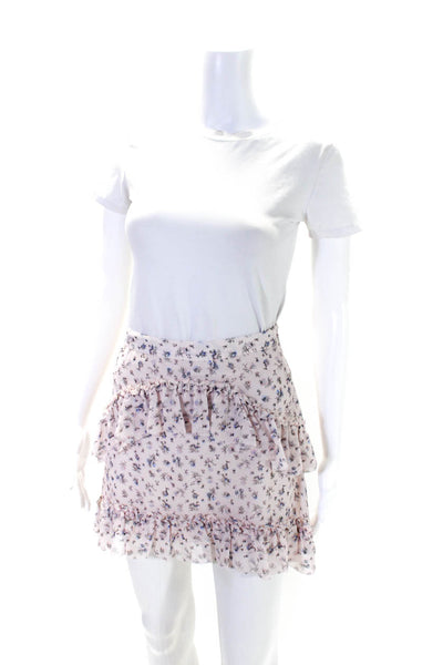 Love Shack Fancy Womens Side Zip Tiered Floral Silk Mini Skirt Pink Size 0