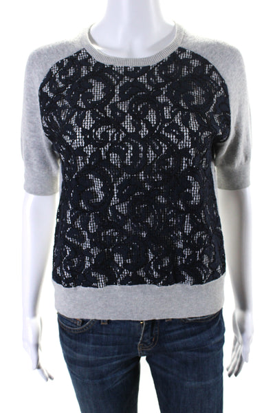 Carven Womens Lace Short Sleeves Crew Neck Sweater Gray Navy Blue Size Medium