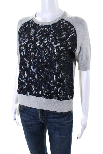 Carven Womens Lace Short Sleeves Crew Neck Sweater Gray Navy Blue Size Medium