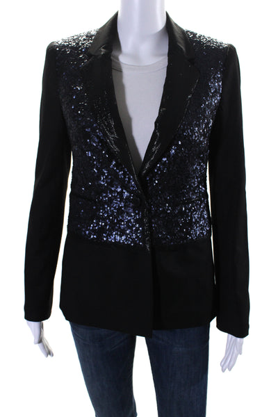 Elizabeth and James Womens Silkl Blend Sequined Blazer Jacket Black Blue Size 0