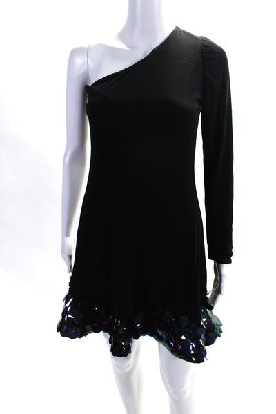 CD Greene Womens One Shoulder Long Sleeve Sequin Trim Dress Black Size M