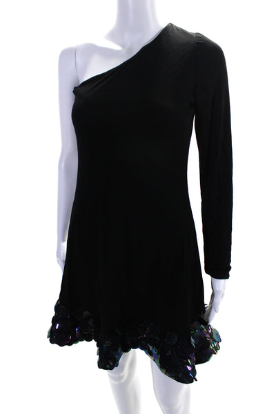 CD Greene Womens One Shoulder Long Sleeve Sequin Trim Dress Black Size M