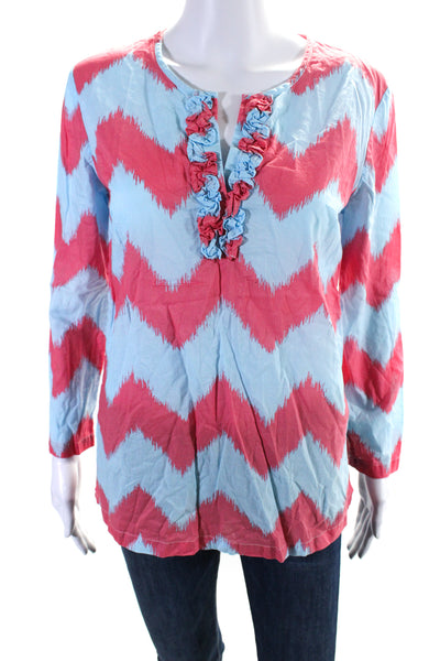 J. Mclaughlin Womens Long Sleeve V Neck Chevron Print Blouse Blue Pink Size XS