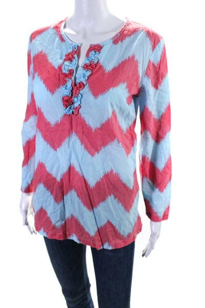 J. Mclaughlin Womens Long Sleeve V Neck Chevron Print Blouse Blue Pink Size XS