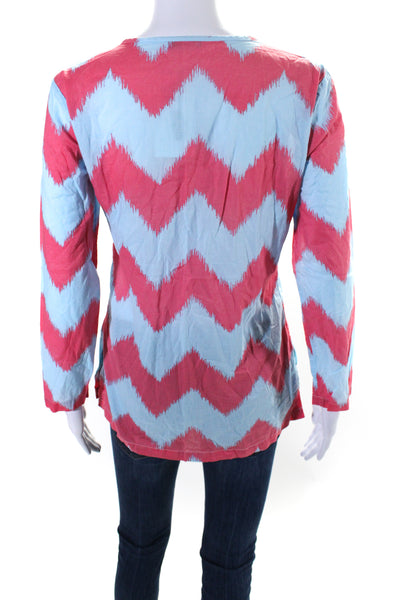 J. Mclaughlin Womens Long Sleeve V Neck Chevron Print Blouse Blue Pink Size XS