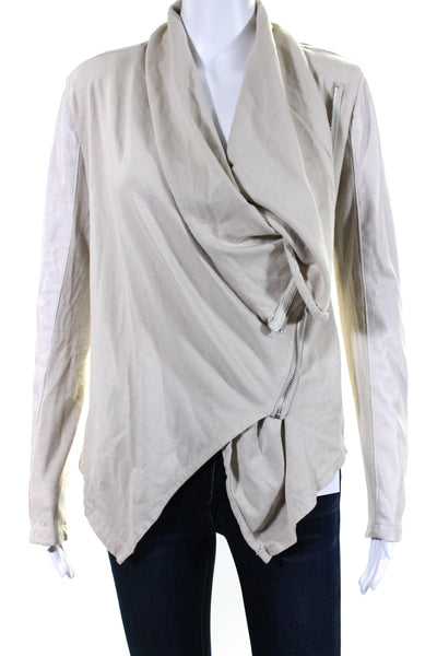 Blank NYC Womens Faux Leather Trim Asymmetric Cowl Neck Jacket Beige Size S